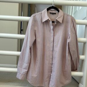 Lafayette 148 New York Blue and Brown Checkered Cotton Button Down Shirt SZ L